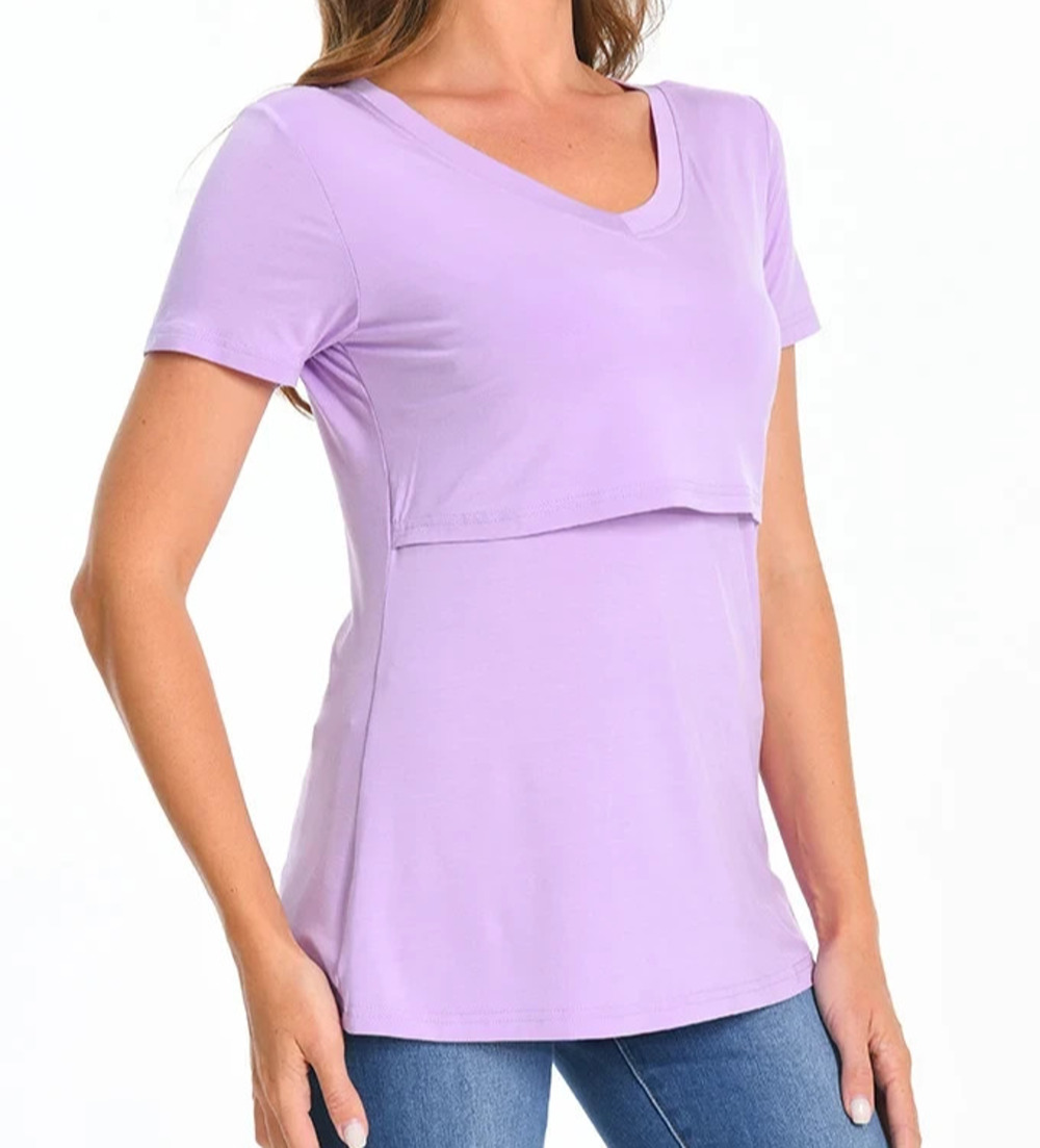 Bearsland Womens Large V-neck Lavender Nursing Top Maternity Breastfeeding Tee